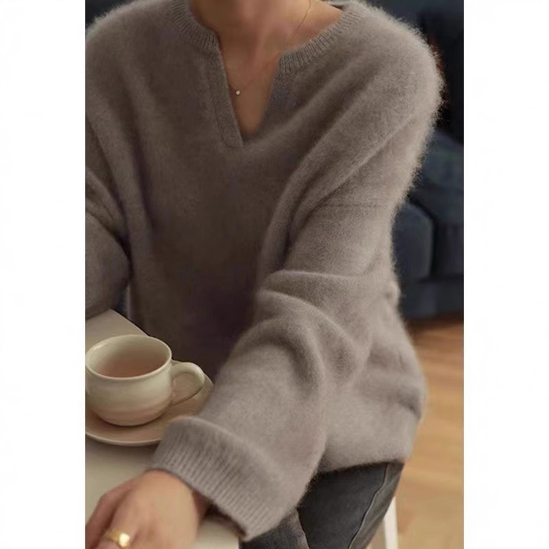 Koreanskog stila pulover s V-izrezom, dugi rukavi, gusta pletenina, detalji collage/šivanja, tkanina od poliester mreže (30–50% poliester)