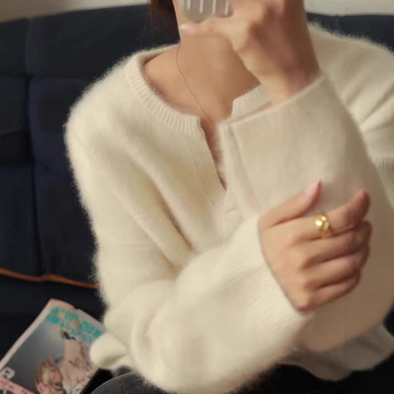 Koreanskog stila pulover s V-izrezom, dugi rukavi, gusta pletenina, detalji collage/šivanja, tkanina od poliester mreže (30–50% poliester)