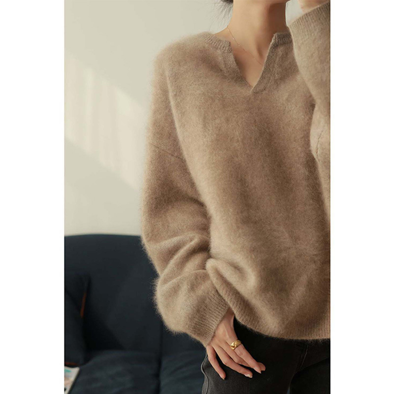Koreanskog stila pulover s V-izrezom, dugi rukavi, gusta pletenina, detalji collage/šivanja, tkanina od poliester mreže (30–50% poliester)