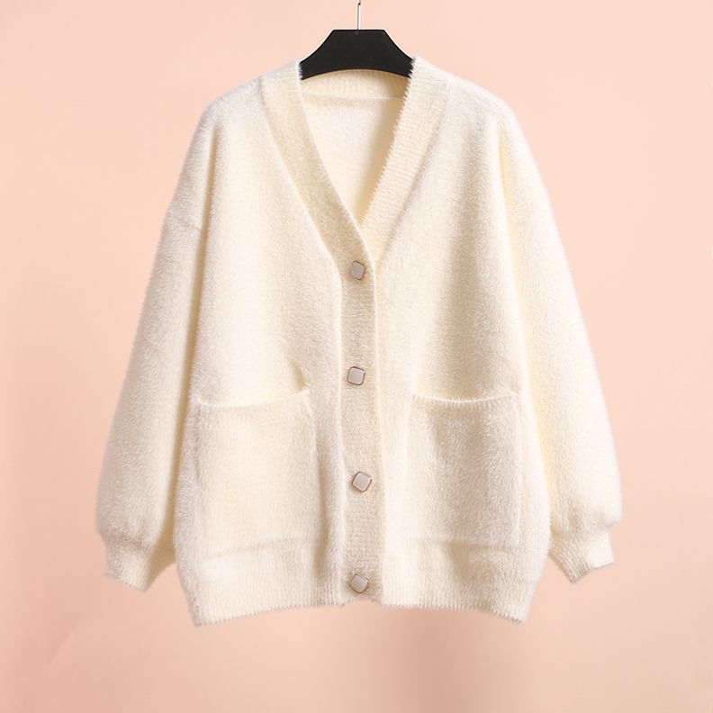 Ženski kardigan u korejskom stilu od ice silk, V-izrez, pleteni pulover jakna, normalna debljina