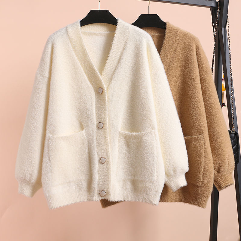 Ženski kardigan u korejskom stilu od ice silk, V-izrez, pleteni pulover jakna, normalna debljina