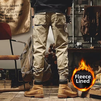 Χειμωνιάτικα παντελόνια εργασίας σε ιαπωνικό στυλ vintage με επένδυση φλίς, unisex, χαλαρή γραμμή, μεσαία μέση, ανάμειξη συνθετικών ινών