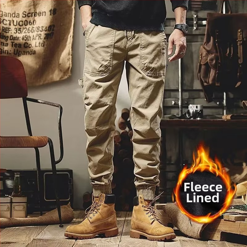 Χειμωνιάτικα παντελόνια εργασίας σε ιαπωνικό στυλ vintage με επένδυση φλίς, unisex, χαλαρή γραμμή, μεσαία μέση, ανάμειξη συνθετικών ινών