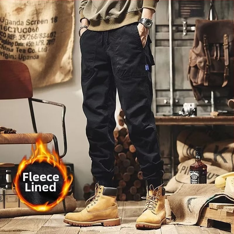 Χειμωνιάτικα παντελόνια εργασίας σε ιαπωνικό στυλ vintage με επένδυση φλίς, unisex, χαλαρή γραμμή, μεσαία μέση, ανάμειξη συνθετικών ινών