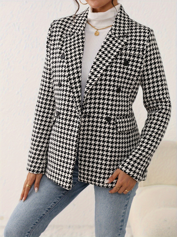 Damsko sako s houndstooth uzorkom, poliester, regular kroj, ovratnik, dugi rukavi, srednja duljina