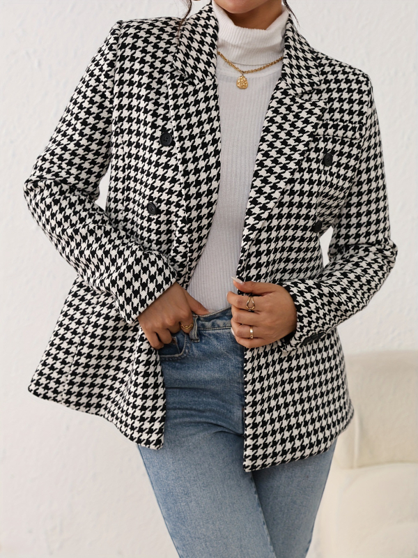 Damsko sako s houndstooth uzorkom, poliester, regular kroj, ovratnik, dugi rukavi, srednja duljina
