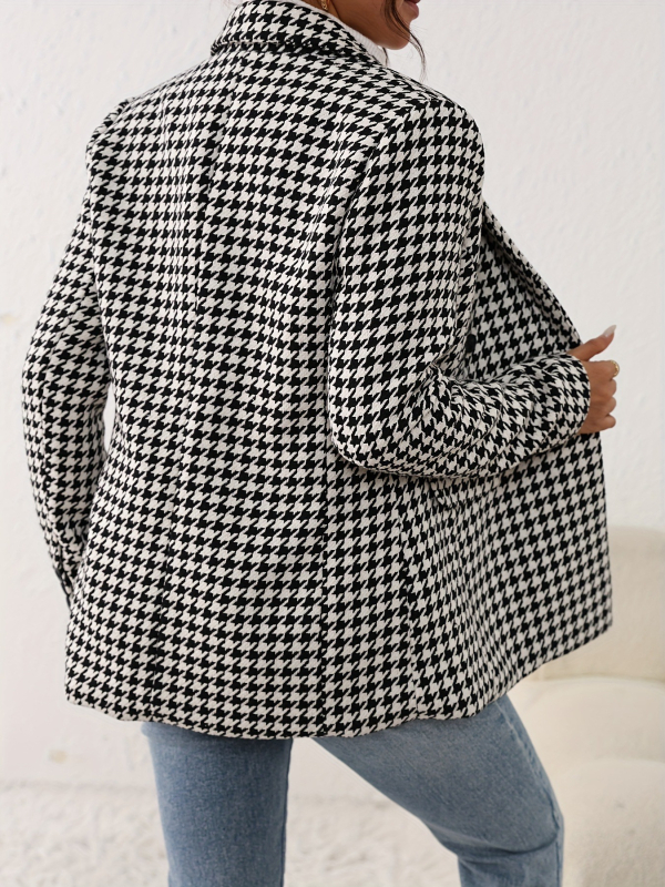 Damsko sako s houndstooth uzorkom, poliester, regular kroj, ovratnik, dugi rukavi, srednja duljina