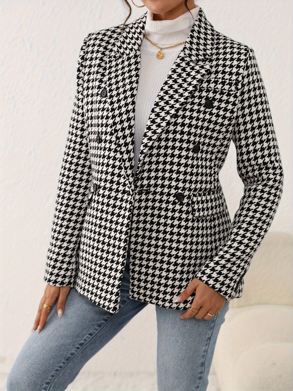 Damsko sako s houndstooth uzorkom, poliester, regular kroj, ovratnik, dugi rukavi, srednja duljina