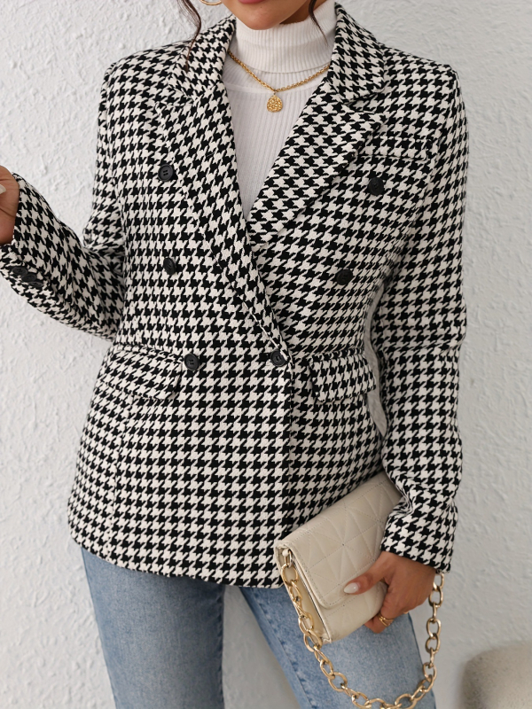 Damsko sako s houndstooth uzorkom, poliester, regular kroj, ovratnik, dugi rukavi, srednja duljina