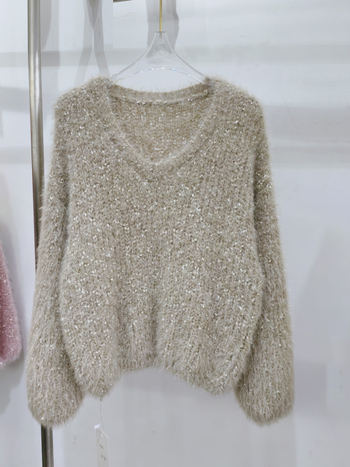 Korejski stil pleteni džemper od imitacije mink chenille, debeli pleteni džemper s V-izrezom, dugi rukavi