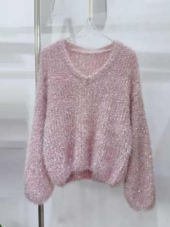 Korejski stil pleteni džemper od imitacije mink chenille, debeli pleteni džemper s V-izrezom, dugi rukavi