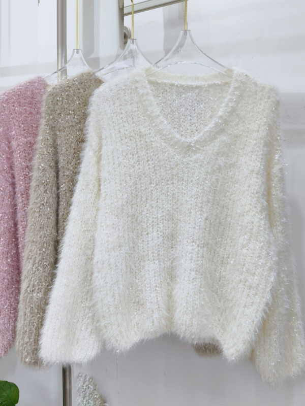Korejski stil pleteni džemper od imitacije mink chenille, debeli pleteni džemper s V-izrezom, dugi rukavi