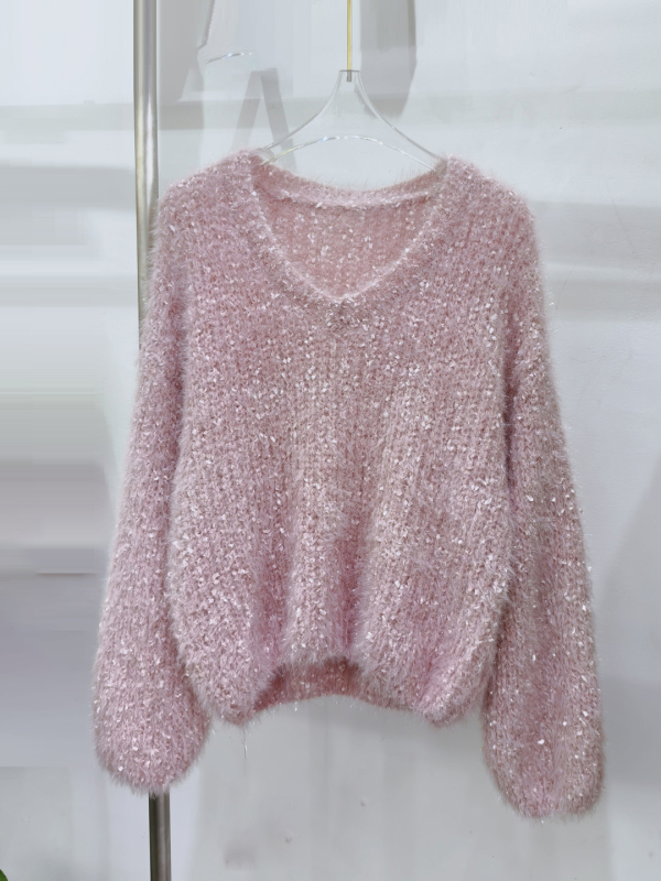 Korejski stil pleteni džemper od imitacije mink chenille, debeli pleteni džemper s V-izrezom, dugi rukavi