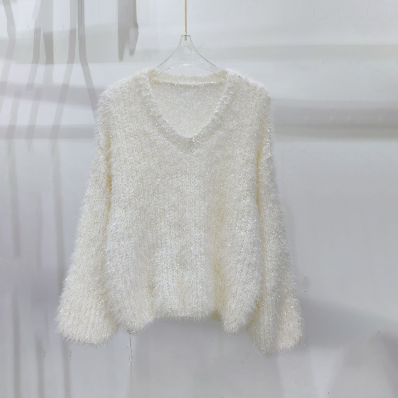 Korejski stil pleteni džemper od imitacije mink chenille, debeli pleteni džemper s V-izrezom, dugi rukavi