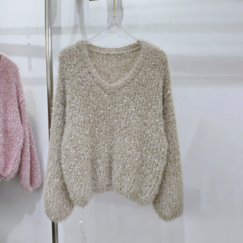 Korejski stil pleteni džemper od imitacije mink chenille, debeli pleteni džemper s V-izrezom, dugi rukavi