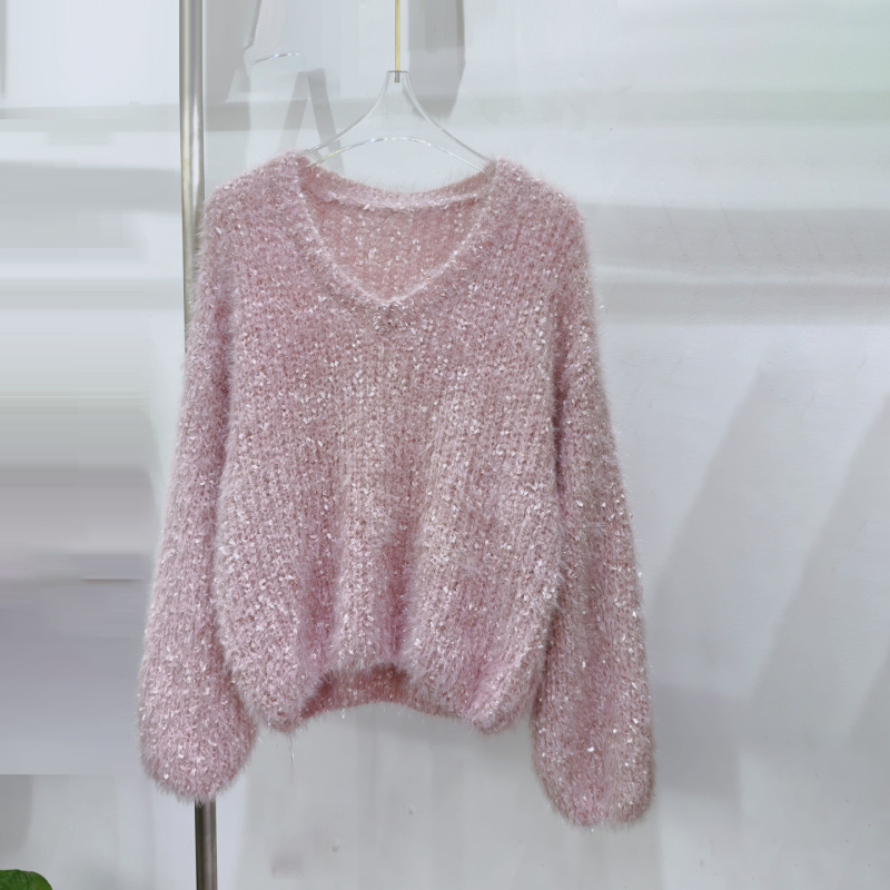Korejski stil pleteni džemper od imitacije mink chenille, debeli pleteni džemper s V-izrezom, dugi rukavi