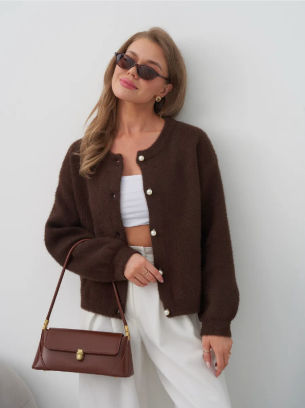 Cardigan stil džemper jakna, umjetno norkovo krzno, smjesa najlona i poliestera, debeo materijal, okrugli izrez