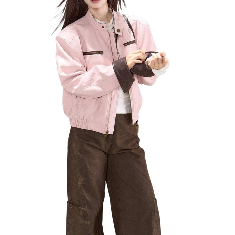 Ženska jakna od umjetne kože, korejsko-japanski casual stil, slobodan kroj, zatvaranje na zip, jesen 2025