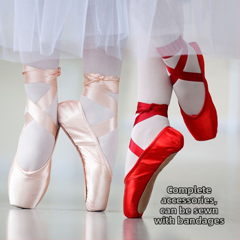Балетни обувки за танци с остър нос, връзки, горна част Lycra, подметка от естествена кожа