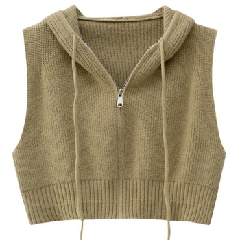 Жилетката в корейски стил с качулка – ретро ежедневна плетена жилетка с цип и връзки, V‑образно деколте, овча вълна и акрилна смес