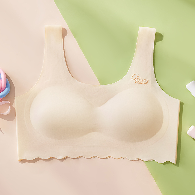 Trening grudnjak za djevojčice 12–15 godina, bezšivan, prozračan ice silk materijal, puni košarice s latexom oblikovanim košaricama, fiksne dvostruke naramenice