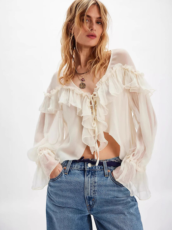 Блуза от шифон с V-образна яка, дълги Feifei ръкави, пуловер стил, 95% полиестер, за жени