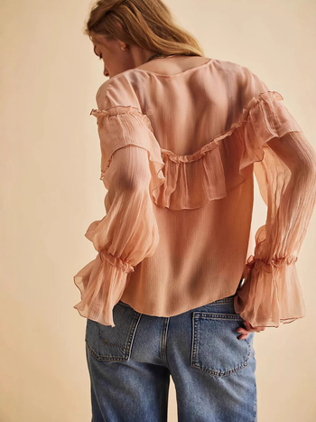 Блуза от шифон с V-образна яка, дълги Feifei ръкави, пуловер стил, 95% полиестер, за жени