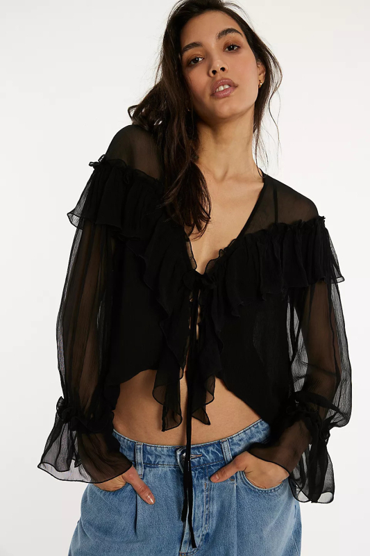 Блуза от шифон с V-образна яка, дълги Feifei ръкави, пуловер стил, 95% полиестер, за жени