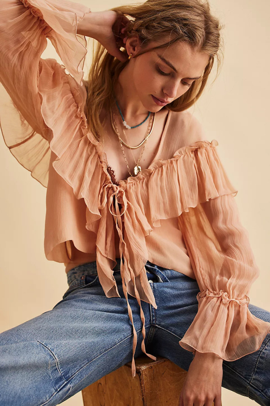 Блуза от шифон с V-образна яка, дълги Feifei ръкави, пуловер стил, 95% полиестер, за жени