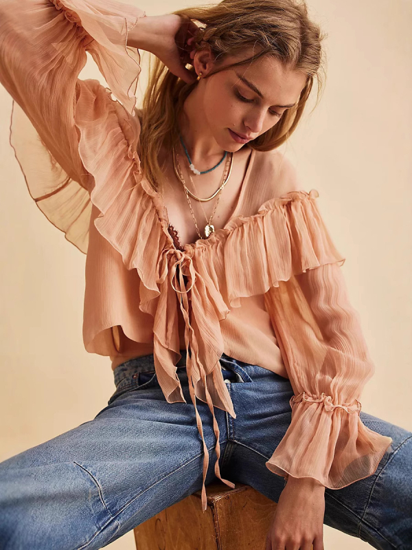 Блуза от шифон с V-образна яка, дълги Feifei ръкави, пуловер стил, 95% полиестер, за жени