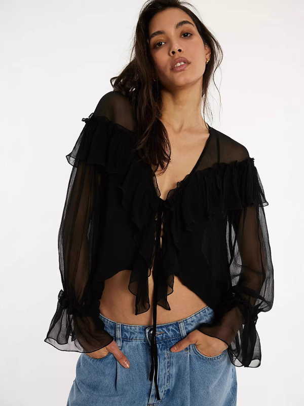 Блуза от шифон с V-образна яка, дълги Feifei ръкави, пуловер стил, 95% полиестер, за жени