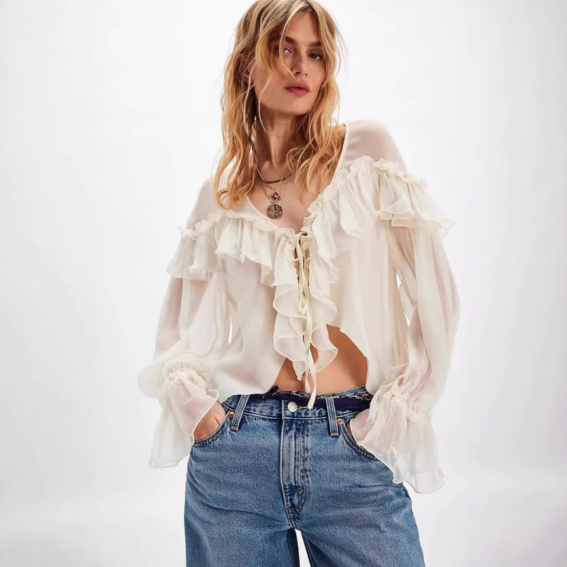 Блуза от шифон с V-образна яка, дълги Feifei ръкави, пуловер стил, 95% полиестер, за жени