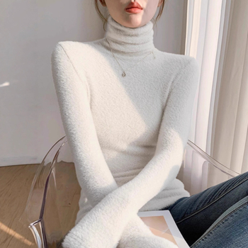 Női pamut-elasztán pulóver fleece bélésével, egyszínű, kerek nyakú, laza szabású