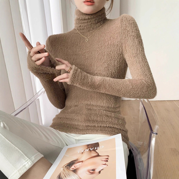 Női pamut-elasztán pulóver fleece bélésével, egyszínű, kerek nyakú, laza szabású