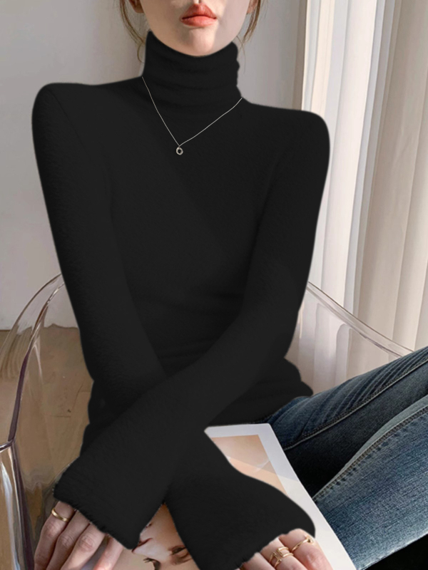 Női pamut-elasztán pulóver fleece bélésével, egyszínű, kerek nyakú, laza szabású