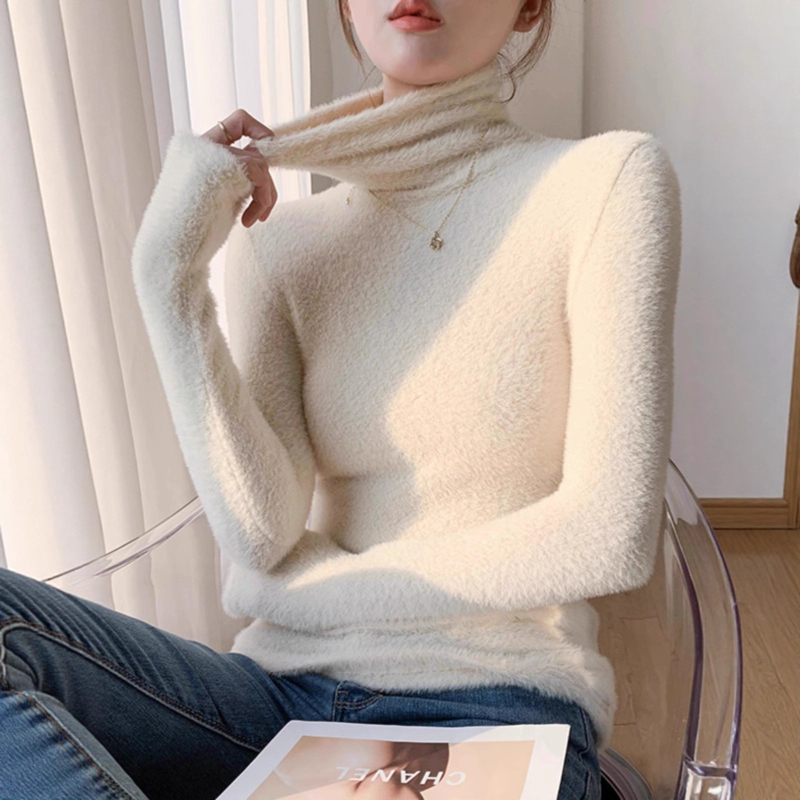 Női pamut-elasztán pulóver fleece bélésével, egyszínű, kerek nyakú, laza szabású