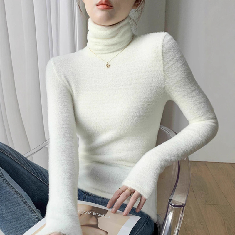 Női pamut-elasztán pulóver fleece bélésével, egyszínű, kerek nyakú, laza szabású