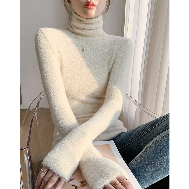 Női pamut-elasztán pulóver fleece bélésével, egyszínű, kerek nyakú, laza szabású