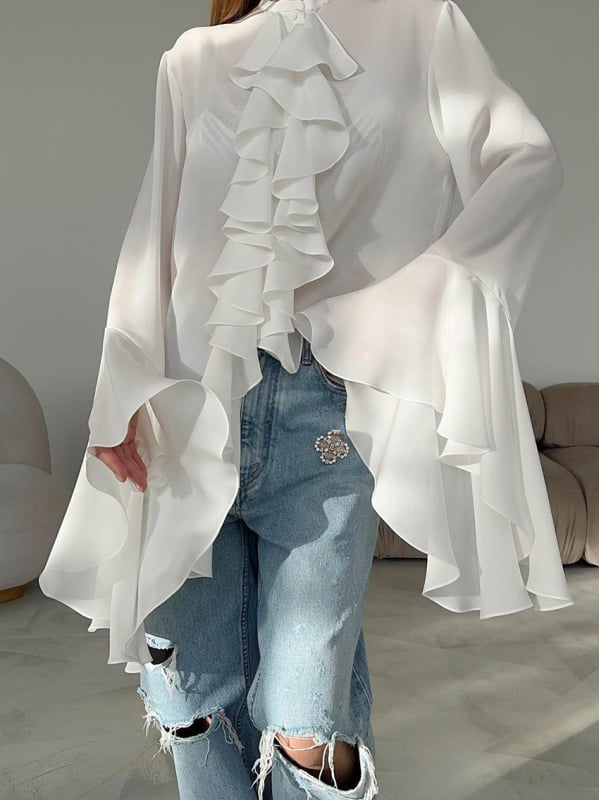 Chiffon anyagú ing fodros díszítéssel, kerek nyakú, harangujjú, laza fazon