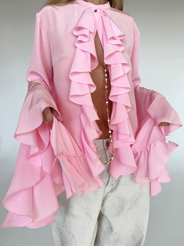 Chiffon anyagú ing fodros díszítéssel, kerek nyakú, harangujjú, laza fazon