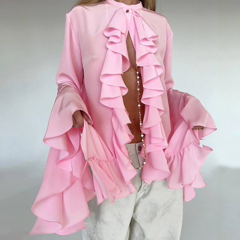 Chiffon anyagú ing fodros díszítéssel, kerek nyakú, harangujjú, laza fazon