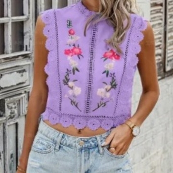 Ženska šifon bez rukava bluza s floralnim biljnim uzorkom, poliester, slim fit, kratkog kroja