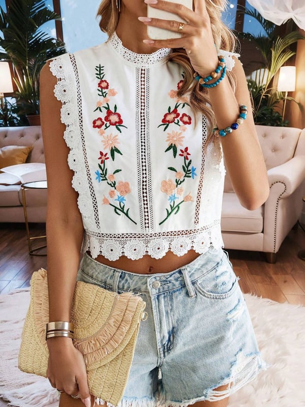 Ženska šifon bez rukava bluza s floralnim biljnim uzorkom, poliester, slim fit, kratkog kroja