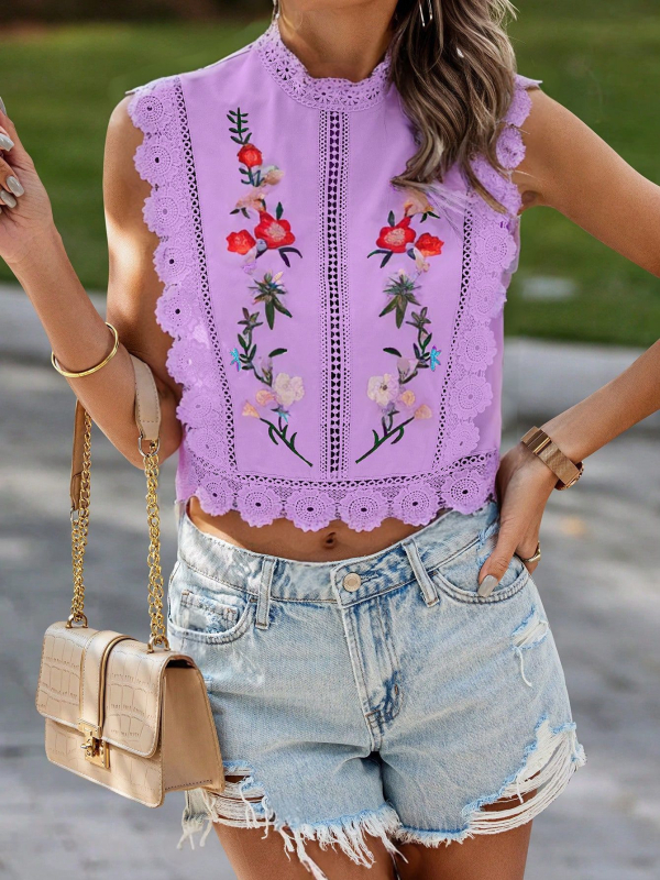 Ženska šifon bez rukava bluza s floralnim biljnim uzorkom, poliester, slim fit, kratkog kroja