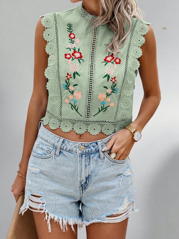 Ženska šifon bez rukava bluza s floralnim biljnim uzorkom, poliester, slim fit, kratkog kroja