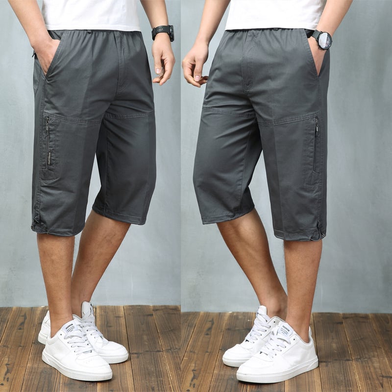 Férfi nyári pamut capri nadrágok sok zsebbel, laza szabás, rövid, alacsony derék, zsinóros zárás