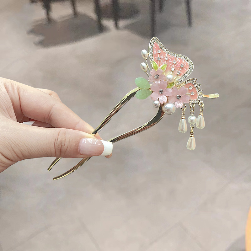 Hajcsat: Új kínai stílusú pillangó virággal, ötvözet, elektroplatírozás