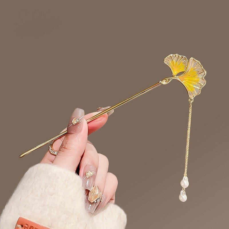 Fém hajtű tassellal és virággal, levél alakú, ősi stílusú hajdísz kínai cheongsamhoz