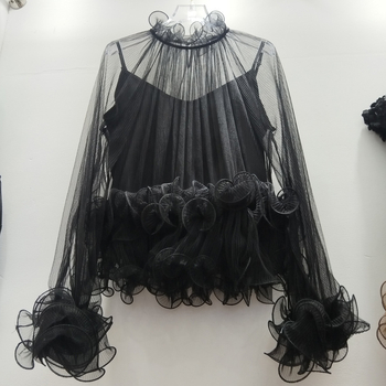 Ženska poliester bluza s polu-visokim ovratnikom, dugi rukavi s lupinjastim rukavima, zimska kolekcija 2025, elegantan uredski stil