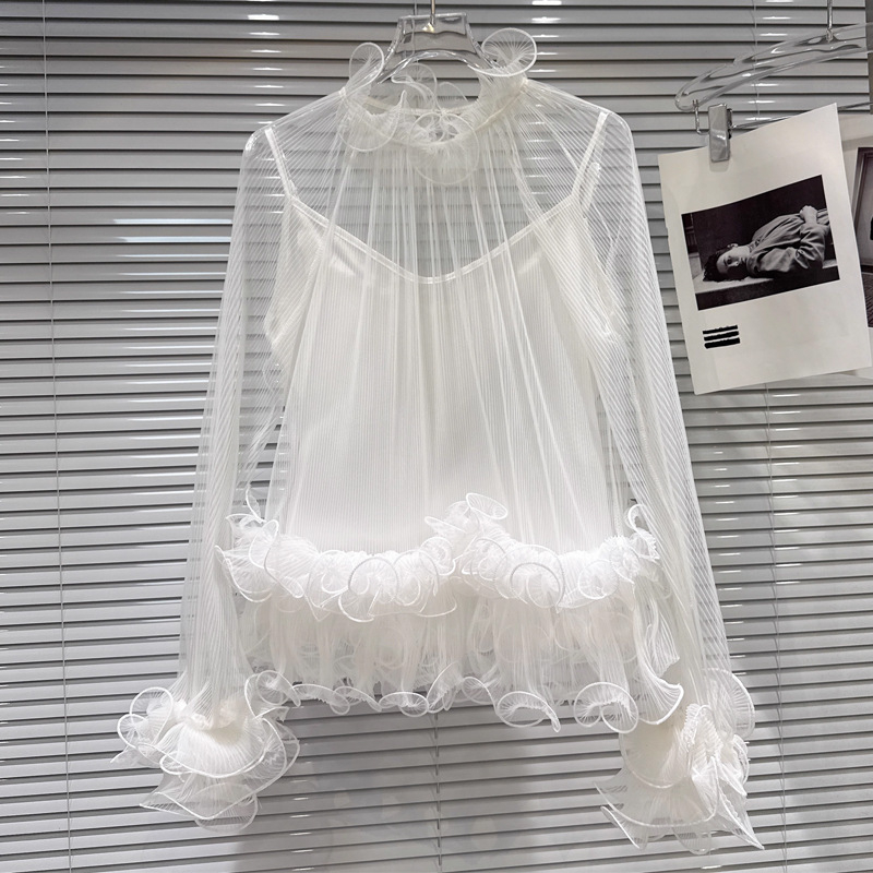 Ženska poliester bluza s polu-visokim ovratnikom, dugi rukavi s lupinjastim rukavima, zimska kolekcija 2025, elegantan uredski stil
